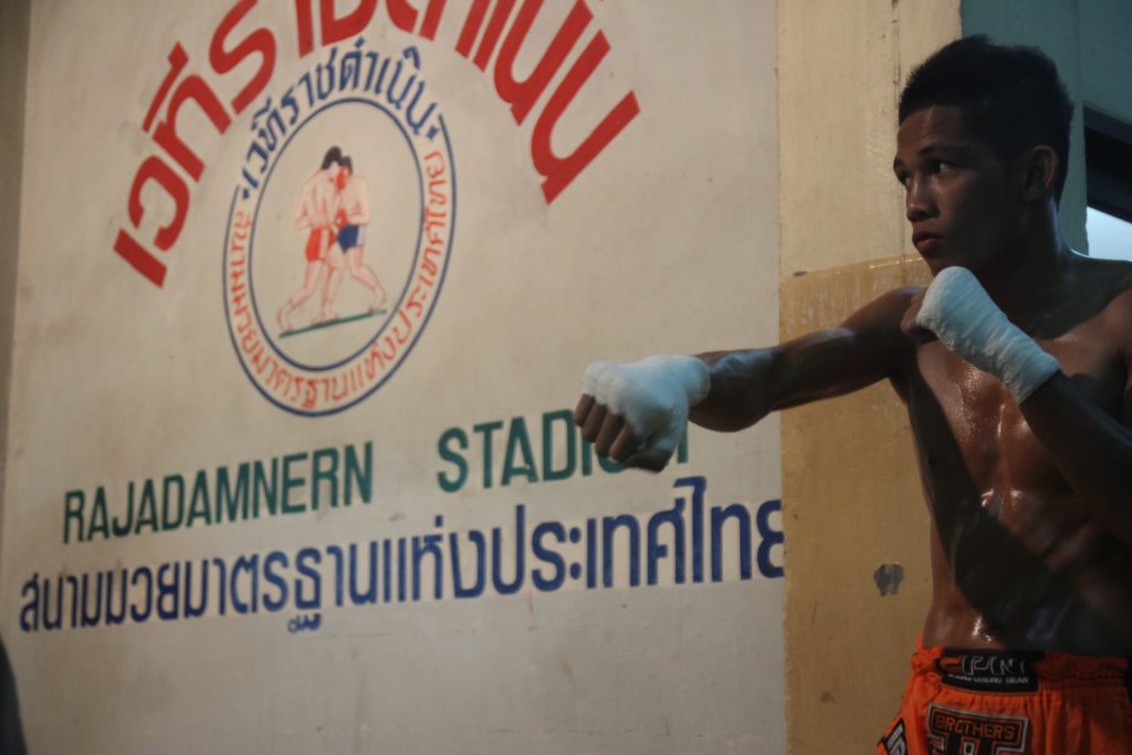 Muay Thai fighter preparing for a fight at Rajadamnern stadium